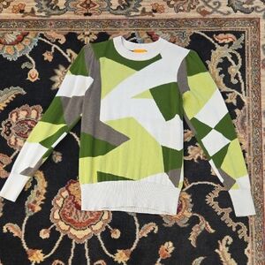 Geometric Crewneck Sweater in Green and White